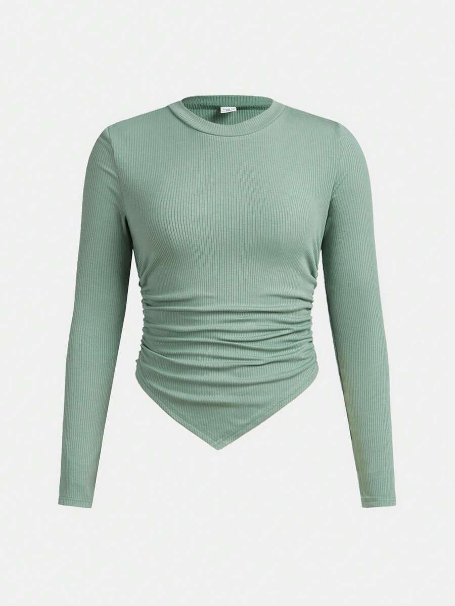 SHEIN Cô gái Dệt kim gân sọc Màu thuần Vòng cổ Đã thu thập Tay áo dài Áo thun - màu đen - Xem 1