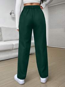 SHEIN EZwear 素色褶皺直筒褲 - 墨綠色 - 查看 2