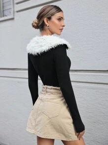 SHEIN Essnce Borg Collar Half Zip Bodysuit - Black - View 4