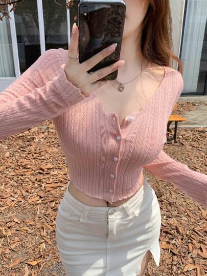 Dazy Star 纹理条纹粉色情人节心形图案女式T恤长袖女式上衣短款女式上衣