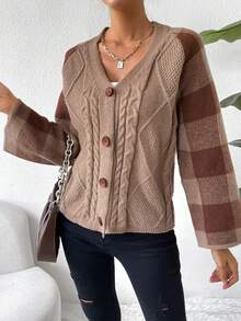 SHEIN Essnce Hoa văn kẻ sọc Xoắn Dan Nút phía trước Áo len Mở - Màu nâu  Mocha - Xem 7