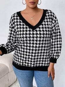 SHEIN CURVE+ Plus Houndstooth Print Drop Shoulder Sweatshirt - Black - View 3