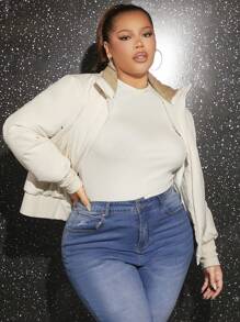 SHEIN SXY Plus Size Zip Up Padded Coat Winter Fall Autumn - Beige - View 2
