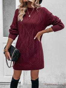 SHEIN Clasi Cable Knit Drop Shoulder Sweater Dress Without Belt - Burgundy - View 1