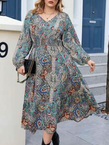 Calvaya 大碼佩斯利印花燈籠袖洋裝