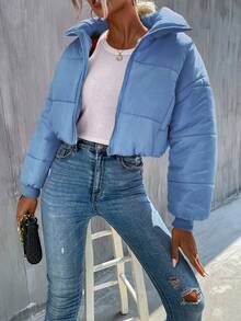 SHEIN Frenchy Áo khoác độn vai ngắn màu trơn có đệm Quần áo mùa đông - Màu xanh nhạt - Xem 3