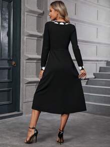 SHEIN Clasi Polka Dot Print V Neck A-line Dress - Black - View 2