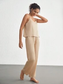 Ocili 纯色系带背心和裤子睡衣套装/睡衣套装 - 杏色 - 查看 6