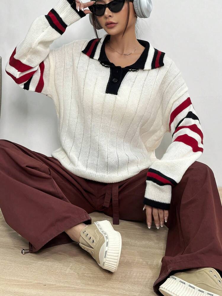 Striped Pattern Polo Neck Drop Shoulder Knit Pullover Fall Winter Sweater