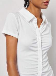 SHEIN EZwear Collared Buttoned Front Rib-Knit Dress - White - View 8
