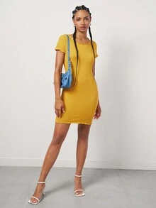 Muchica 木耳邊羅紋針織緊身連衣裙 - 芥末黃 - 查看 5