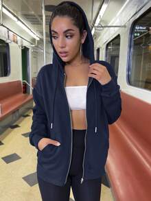 SHEIN Unity 拉鏈開襟落肩袖抽繩加絨內裏連帽衫 - 寶藍色 - 查看 3