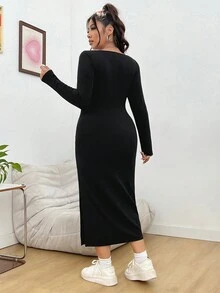 SHEIN EZwear Plus甜心領分割式收身連身裙 - 黑色 - 查看 2