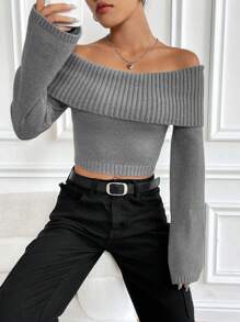 Flirla Foldover Off Shoulder Flounce Sleeve Crop Sweater,Long Sleeve Tops Knit Pullover Fall Winter Outfit - Grey - View 7
