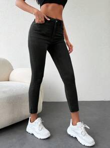 RueChic High Waisted Skinny Jeans - Black - View 5