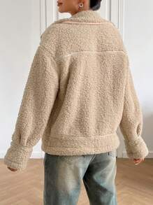 SHEIN EZwear Lapel Neck Drop Shoulder Flap Pocket Teddy Jacket - Khaki - View 2