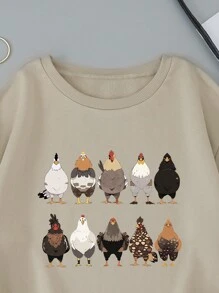 INAWLY 鸡印花落肩卫衣，长袖上衣 - 卡其色 - 查看 5