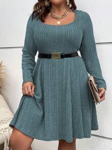 Vionelle Plus Ribbed Knit Scoop Neck A-Line Dress Without Belt Fall Cloth For Women - Dusty Blue - View 3