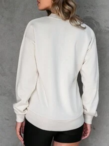 SHEIN PETITE Đồ họa núi & chữ Thả vai Áo nỉ - Màu be - Xem 2