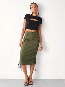 SHEIN Essnce Flap Pocket Drawstring Waist Cargo Skirt - Army Green - View 6