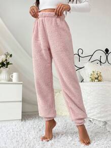 女士舒适休闲粉色法兰绒高弹力长款蓬松裤，秋冬季居家休闲裤