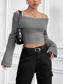 Flirla Foldover Off Shoulder Flounce Sleeve Crop Sweater,Long Sleeve Tops Knit Pullover Fall Winter Outfit - Grey - View 4