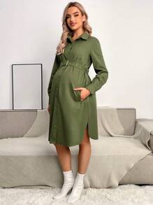 SHEIN 孕婦素色腰帶襯衫洋裝 - 軍綠色 - 查看 6