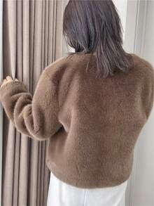 Solid Open Front Fuzzy Coat - Coffee Brown - View 2