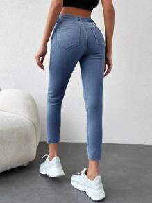 SHEIN Cottnline Jeans De Cintura Alta Ajustados - Azul lavado medio - Ver 2