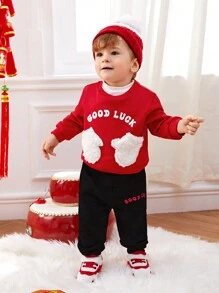 SHEIN Sudadera Con Capucha Y Pantalón De Chándal Para Bebé Con Letras Y Gráficos, Con Bolsillo Y Parches De Osito De Peluche