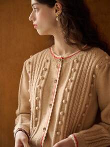 Simple Retro Striped Trim Cable Knit Cardigan - Apricot - View 5