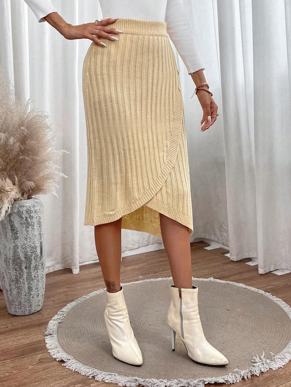 High Waist Wrap Hem Ribbed Knit Sweater Skirt