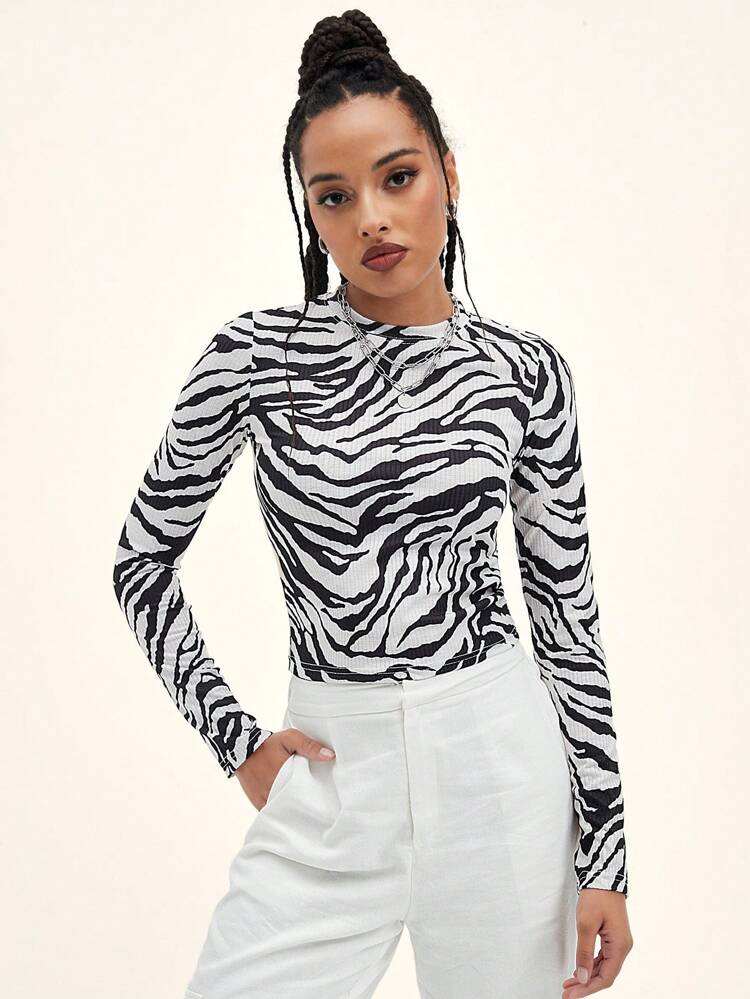 Zebra Striped Ribbed Knit Tee,Fall Clothes