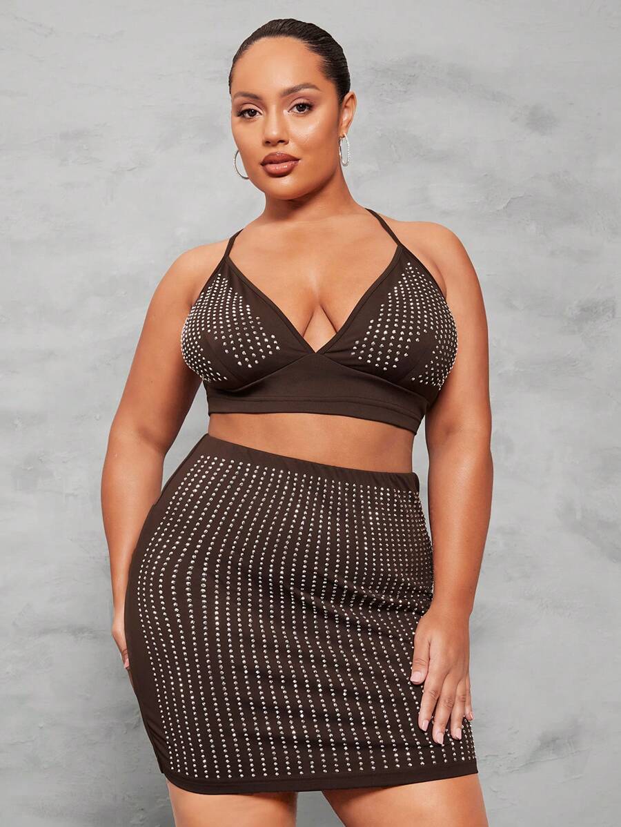 SHEIN BAE Plus Rhinestone Crop Cami Top & Bodycon Skirt - Coffee Brown - View 1
