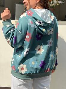 SHEIN EZwear 帶有花卉圖案和束口的大尺碼帽衫 - 彩色 - 查看 2