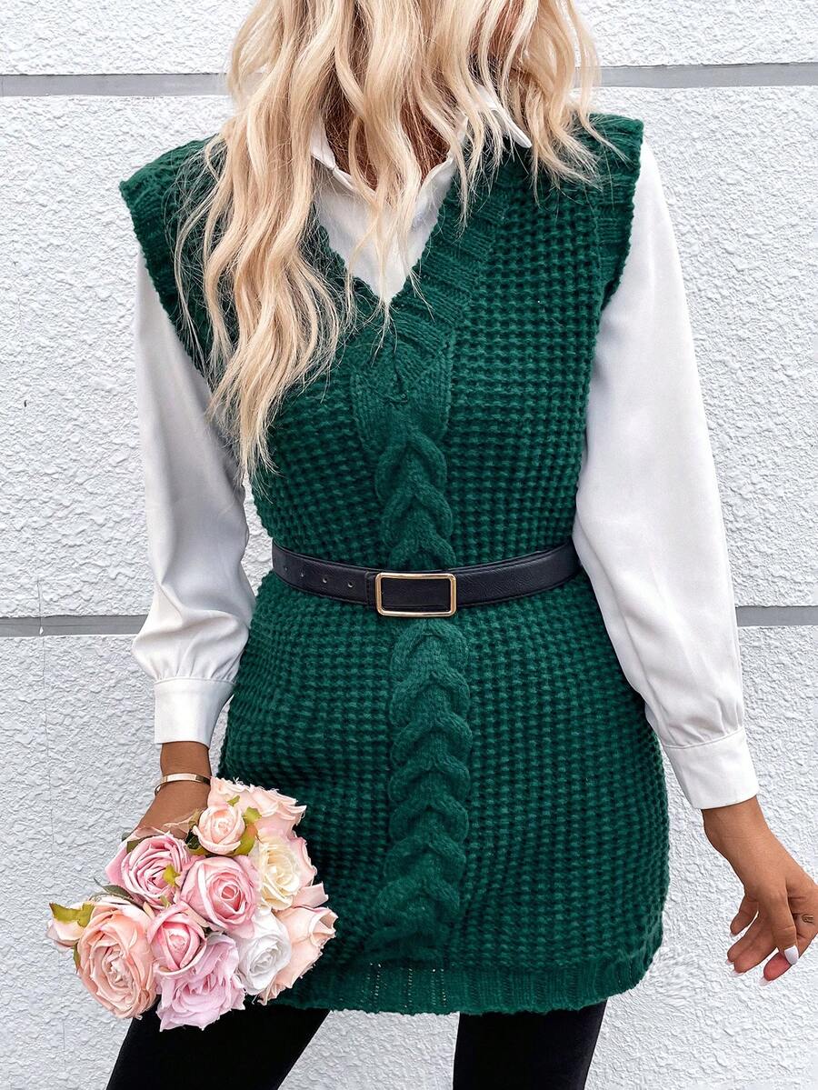 SHEIN Essnce 1pc Cable Knit Sweater Vest - Dark Green - View 1
