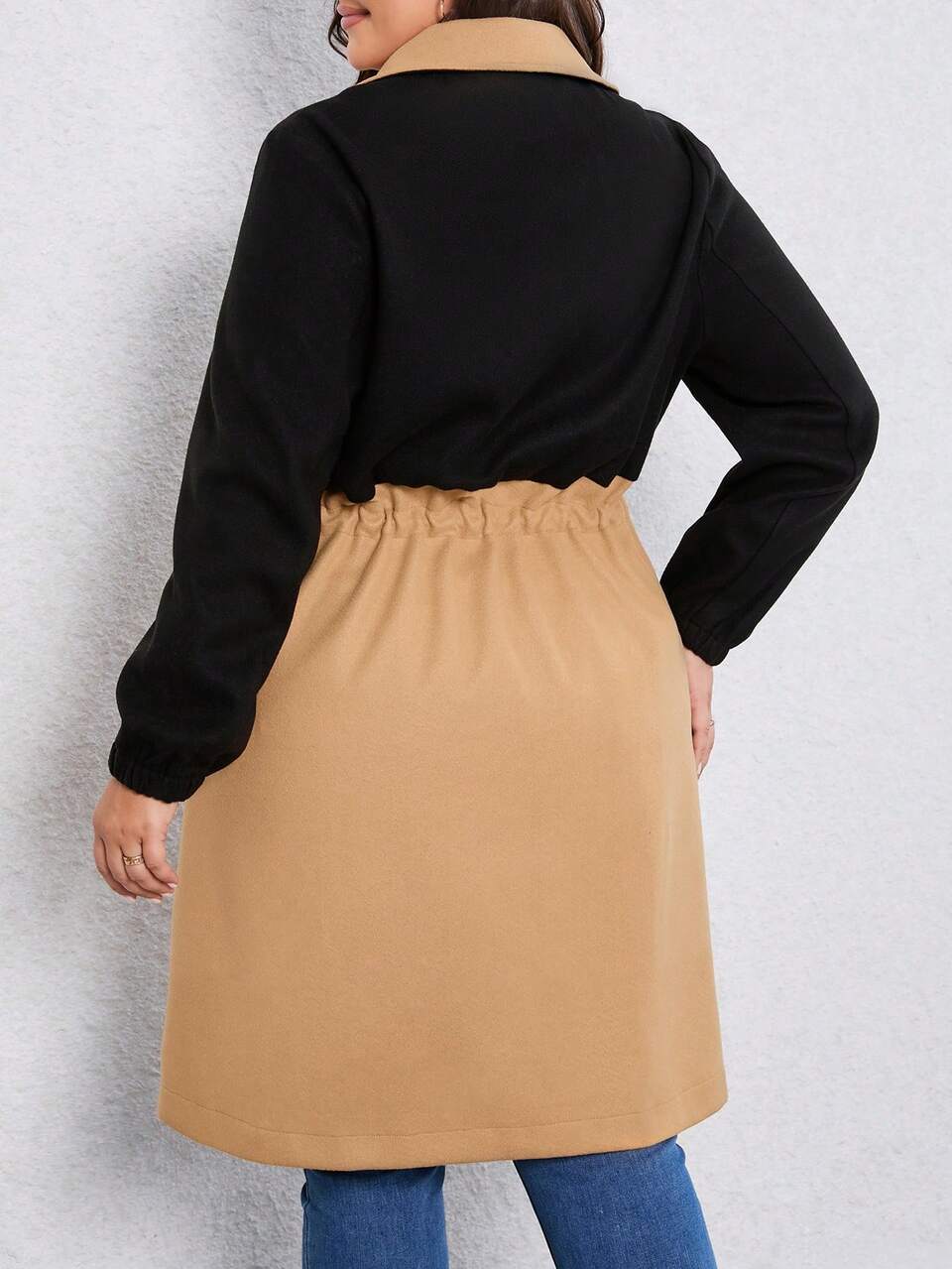 Plus Two Tone Drawstring Waist Overcoat Fall Cloth For Women