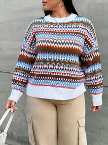 Flirla Plus Pull Motif Géométrique Épaule tombante