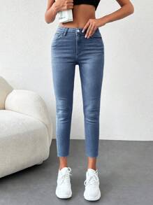SHEIN Cottnline Jeans De Cintura Alta Ajustados - Azul lavado medio - Ver 4