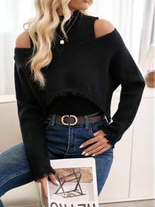 GENKIRA Off Shoulder Xén Thô Áo len & Knit ngọn - màu đen - Xem 5