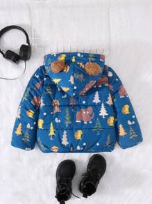 SHEIN 1 peça jaqueta acolchoada com forro quente e grosso para meninos, fofa, solta, desenho animado, animal e árvore, versátil e confortável para o inverno