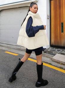 DAZY 拉链斜口袋加厚背心外套，冬季女式加厚外套夹克 - 米色 - 查看 2