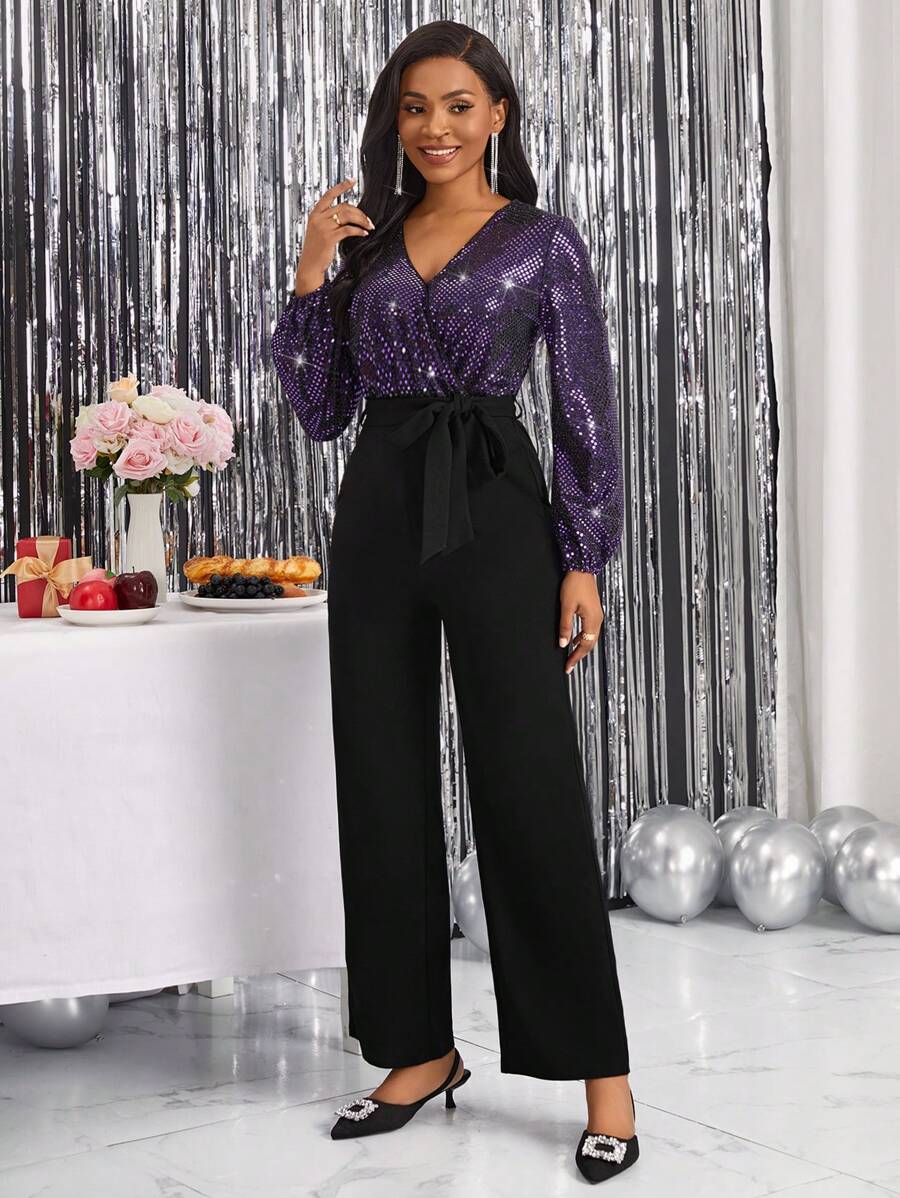 SHEIN Lady 亮片拼接腰帶闊腿連體褲 - 彩色 - 查看 1