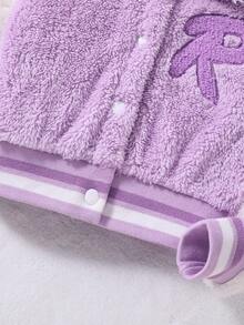 SHEIN Young Girl Letter Patched Striped Trim Colorblock Flannelette Jacket - Mauve Purple - View 3