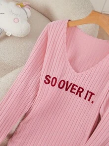 SHEIN EZwear 大碼刺繡字母圖案條紋針織洋裝 - 粉色 - 查看 3