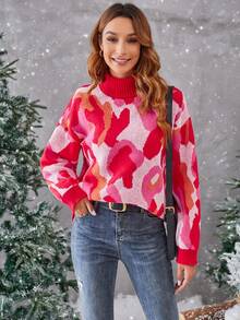 SHEIN LUNE 滿版圖案高領落肩袖套頭毛衣 - 彩色 - 查看 3