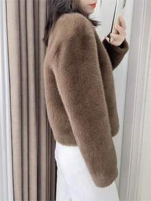 Solid Open Front Fuzzy Coat - Coffee Brown - View 4