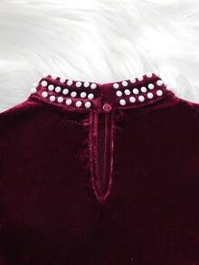 女小童針織素色短毛絨串珠小立領羊腿袖休閒襯衫