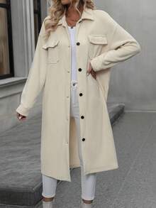 SHEIN Frenchy Drop Shoulder Flap Pocket Button Front Coat - Apricot - View 4