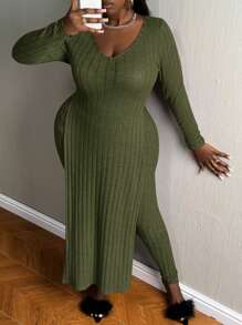 Slaydiva 大碼下擺開叉長款T恤&緊身打底褲 - 軍綠色 - 查看 4